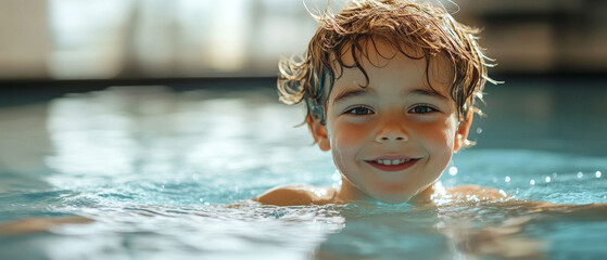 A child splashes happily in the pool, conveying the carefree spirit of summer — the perfect light background for advertising children's products or holidays.