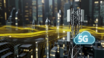 5g cellular tower in futuristic city skyline with glowing data network visualization antenna communication - Powered by Adobe