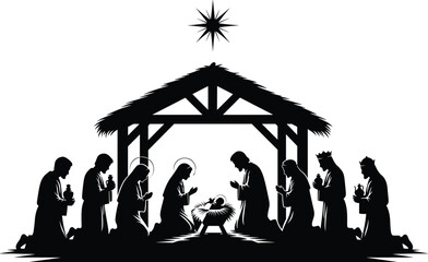 Black silhouette nativity scene with wise men and star black and white Christmas