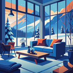 Cozy Living Room with Winter Mountain View Illustration.