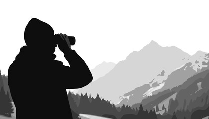 Silhouette of man observing mountains with binoculars outdoors  