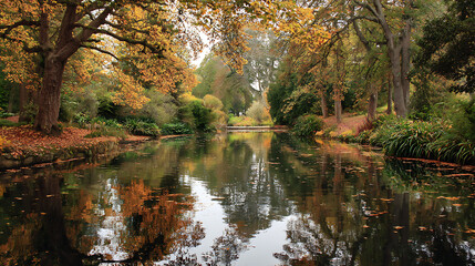 Fototapeta premium A tranquil pond reflecting the surrounding autumn trees in its still waters (3)
