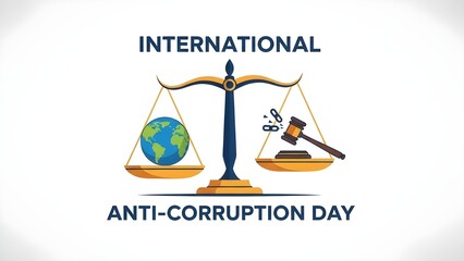 Promote International Anti Corruption Day with balance, scales, earth, and gavel for social media or awareness campaigns, standing against global corruption