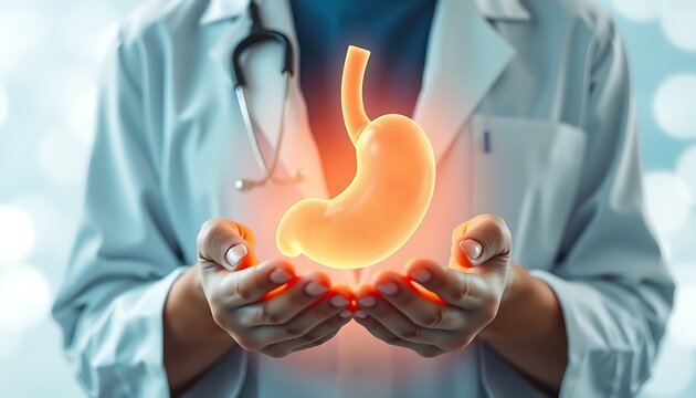 Medical professional presents illuminated human stomach in open palms, healthcare concept hands presenting