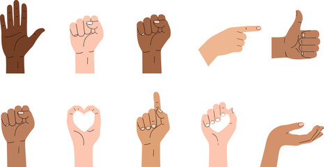 Inclusive hand gestures, diverse skin tones, cartoon signs, nonverbal communication, symbolic poses, ASL illustration, expressive hands, cultural representation, unity