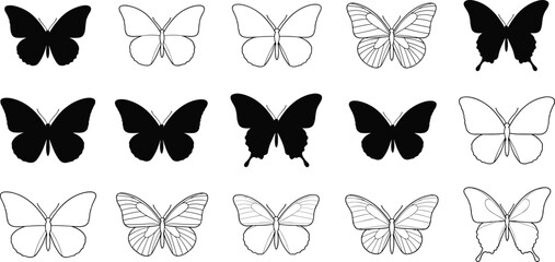 Collection of black silhouette and outline butterflies on white background butterfly © Olaja Vector Vision