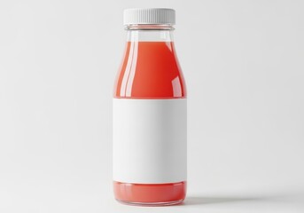Clear glass juice bottle with bright red liquid and blank white label on clean white background
