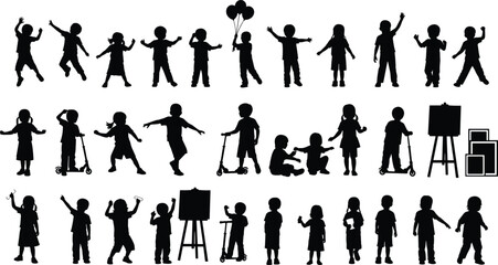 Collection of black silhouettes of children in various poses and activities white background