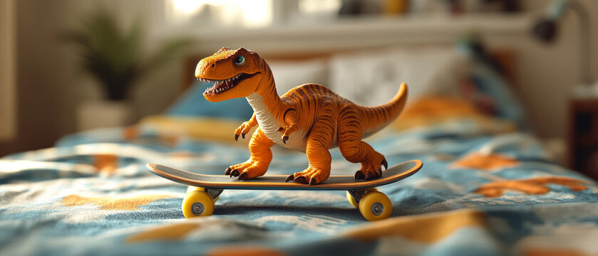 A toy dinosaur on a skateboard creates a cheerful atmosphere, ideal for a children's poster or a fun background.