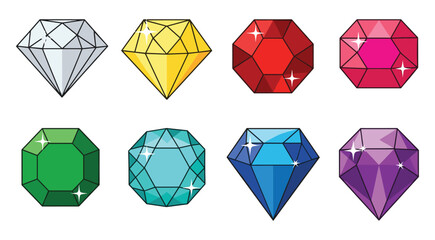 Collection of eight faceted gemstones in various colors on white background jewel