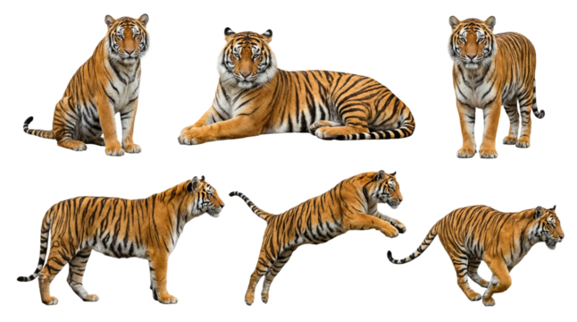 Collection of a bengal tiger in different poses, sitting, lying, standing, jumping and running