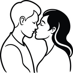 Stylized black silhouette of a man embracing a woman with long hair conveying love and support isolated on white background.