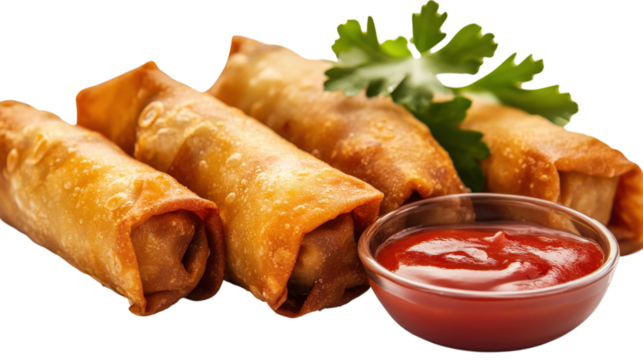 Fried Egg Rolls with Ketchup Dip isolated on a transparent background