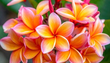 Close-up of vibrant pink and orange frangipani flowers with lush green leaves, captured in natural tropical lighting.