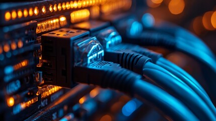 Bright wires connected to a server with flashing indicators will serve as a dynamic background for publications about modern technologies or network solutions.