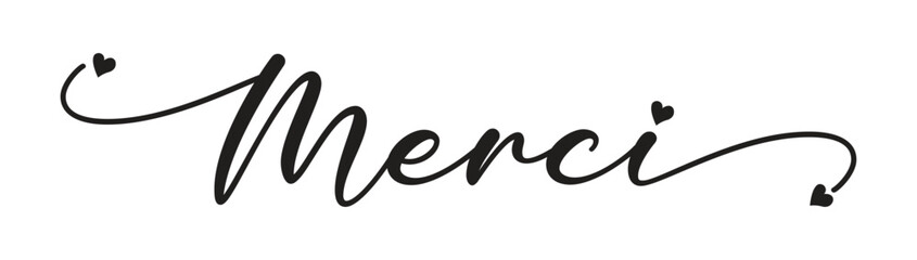 Merci. Beautiful greeting card scratched calligraphy black text word gold stars.Hand drawn invitation T-shirt print design.Handwritten modern brush lettering white background isolated vector.