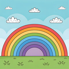 Vibrant rainbow arching over green field with fluffy clouds