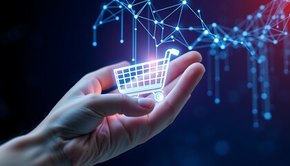 Hand holding glowing shopping cart icon with digital network overlay image photo