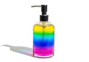 Clear pump bottle filled with vibrant rainbow-colored liquid on bright white background
