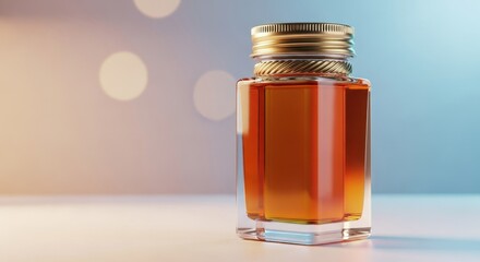 Small hexagonal glass jar filled with golden honey and gold metal lid on soft colorful background
