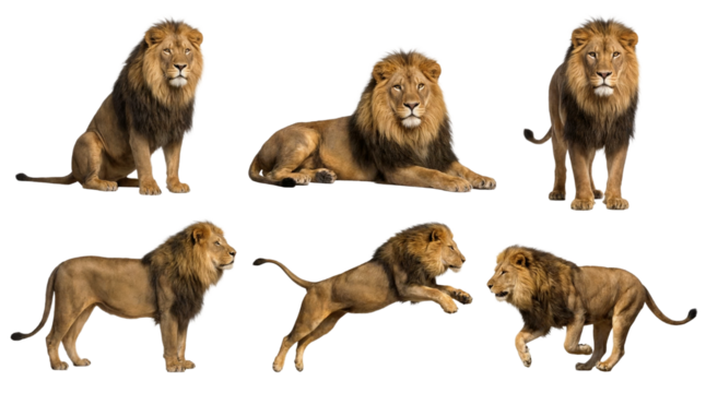 Collection of a male african lion in different poses, sitting, lying, standing, jumping and running