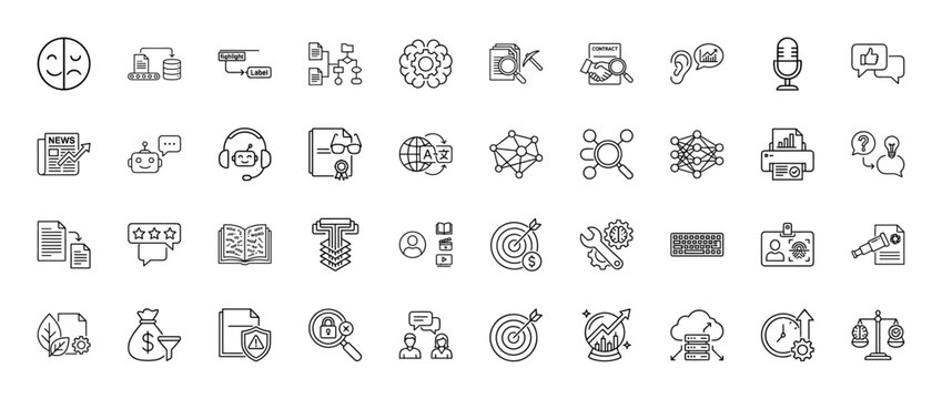 Artificial intelligence line icon set. Vector pictograms of machine learning, chatbot, neural network, translation, voice recognition, data mining, thin linear illustration.
