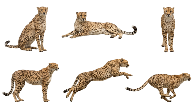 Collection of a cheetah in different poses, sitting, lying, standing, jumping and running