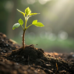 New green sprout growing from rich soil in soft sunlight