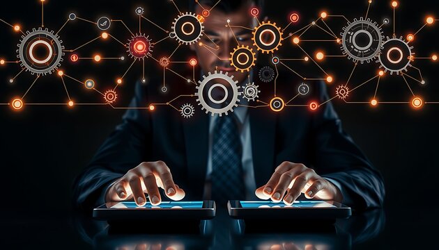 Man in suit with glowing digital network of gears and connections above tablets technology