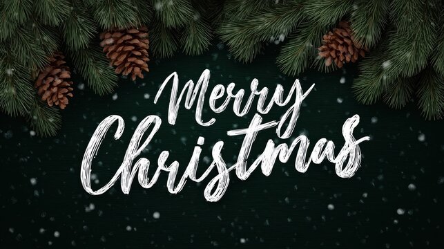 Merry Christmas Greeting with Pine Branches, Pinecones and Snowflakes on Dark Background