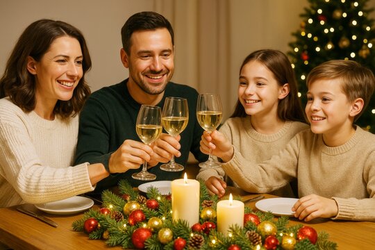 Family toasting with wine at a festive Christmas dinner celebration