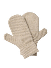 Pair of beige knitted mittens for warmth and protection isolated on transparent background
