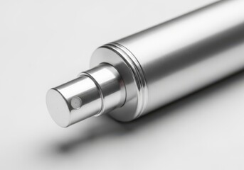 Close-up of sleek silver cosmetic spray nozzle on metallic cylindrical bottle
