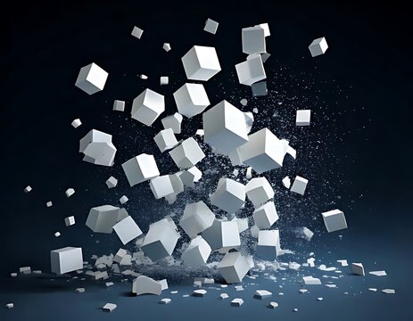 Exploding white cubes scattering debris mid-air, against a dark gradient background