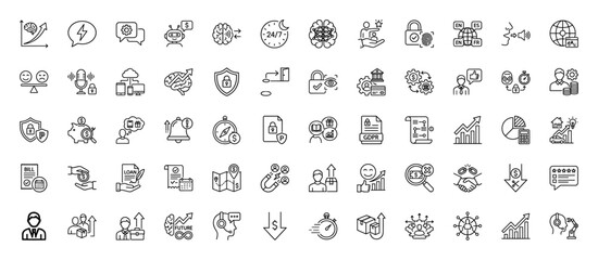 Business and finance line icon set. Vector pictograms of security shield, growth chart, brain, credit card, and gear, thin linear illustration.