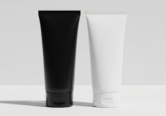 Black and white cosmetic squeeze tubes standing side by side on clean light background
