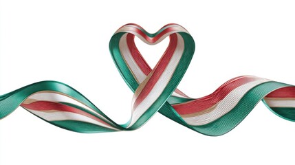A red green and white striped ribbon twisted into a heart shape with ends extending outward on a plain white background.