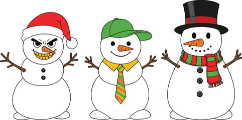 Three cartoon snowmen with different hats and accessories on white background snowman 1