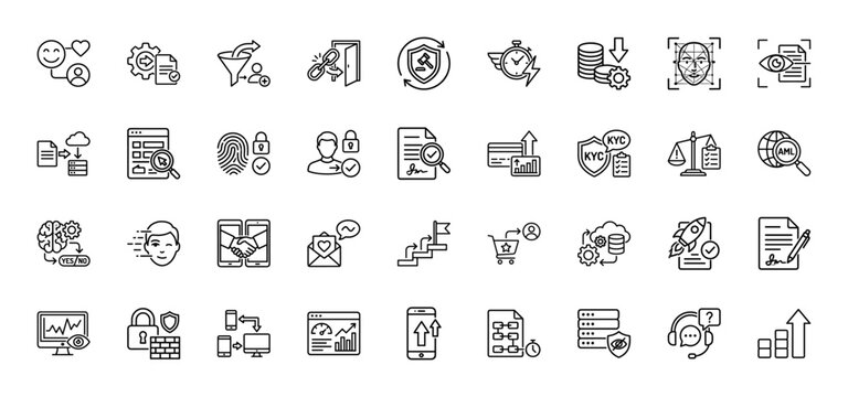 Data security and finance outline icon set. Vector pictograms of kyc, aml, personal data, and blockchain, thin linear illustration.