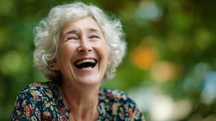 Healthy elderly woman laughing heartily while participating in a community picnic