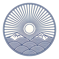 Japanese style circular emblem featuring mountains sun and waves