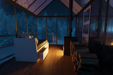 3d rendering of an Cozy Glass Greenhouse Interior in Forest at Night