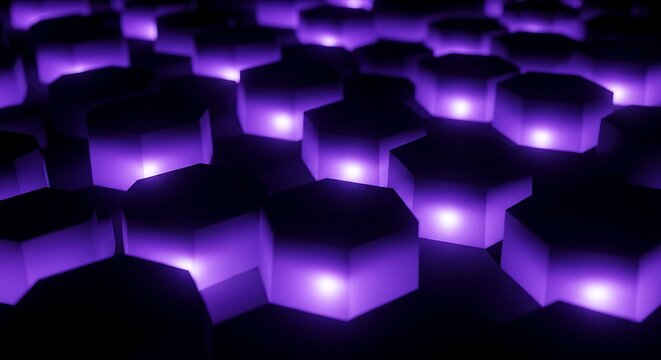 Abstract purple illuminated hexagons creating a digital landscape in a dark environment