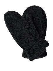 A pair of fluffy black mittens for winter warmth isolated on transparent background