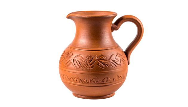 a clay made jug isolated on transparent background, traditional pot.