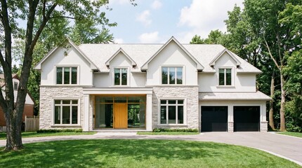 Exterior of a modern luxury home with a bright yellow front door and stone facade