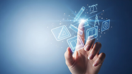 Digital creative design icons and tools being touched by a human finger on a futuristic glowing blue background