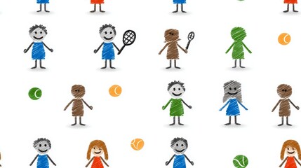 Fototapeta premium Cute stick figurines playing sports seamless pattern background art fun crayon style illustration