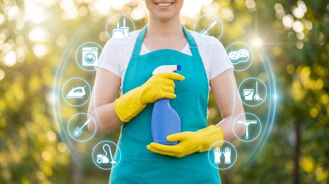 A smiling woman in an apron offers a full range of cleaning services through a modern digital display - Powered by Adobe