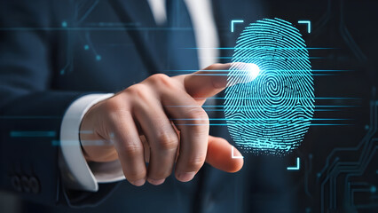 Finger pressing on a luminous digital fingerprint scan for biometric authentication, symbolizing advanced data security, personal identification, and future technology access